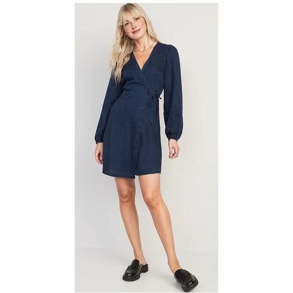 NWT Old Navy Women’s Soft Lyocell Puff Sleeve Jean Mini Wrap Dress Size Large Ta - Picture 1 of 6